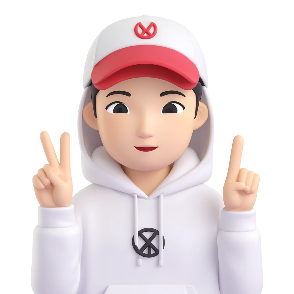 memoji-style Chinese American character for a profile photo, wearing a hoodie and a baseball cap, making a peace sign, white background emoji