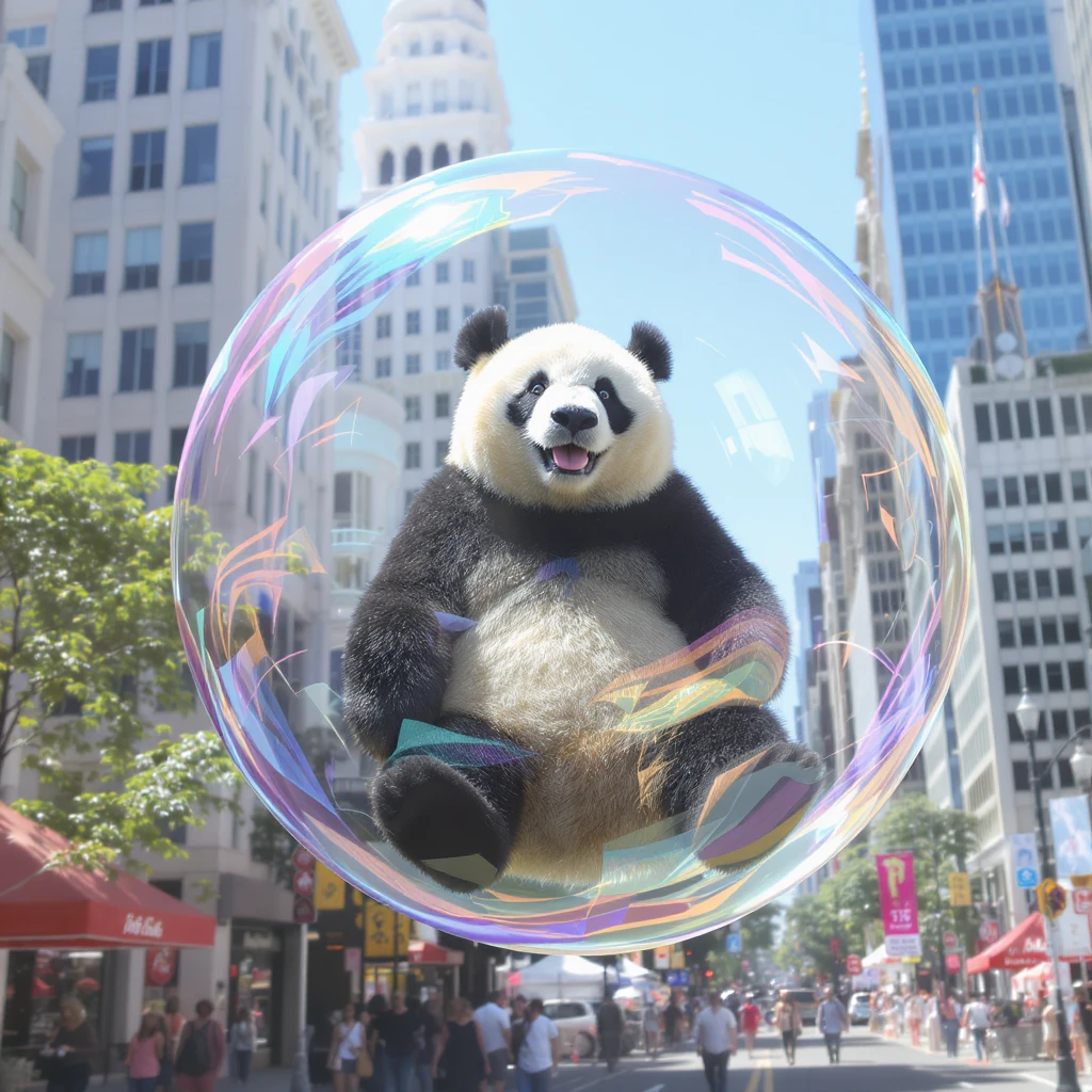 panda bear sitting in bubble flying around San Francisco downtown, sunny summer day, happy vibe emoji