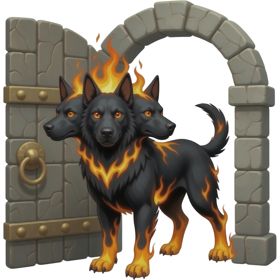 cinematic - cerberus, a three-headed black flaming dog that guards the gates of the underworld emoji