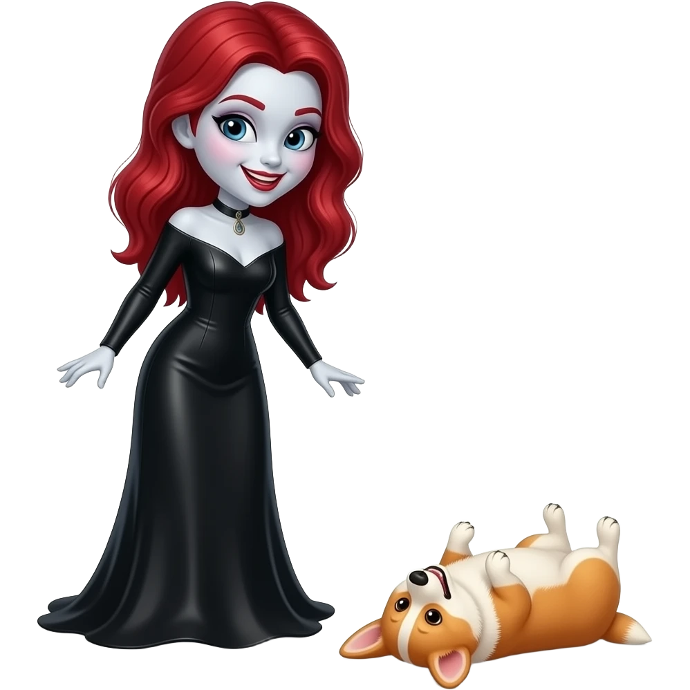 Vampiro femmina ADOLESCENTE con pelle bianca e capelli rossi indossa un vestito lungo nero con le maniche lunghe ed è felice mentre guarda il suo Corgi rotolarsi emoji