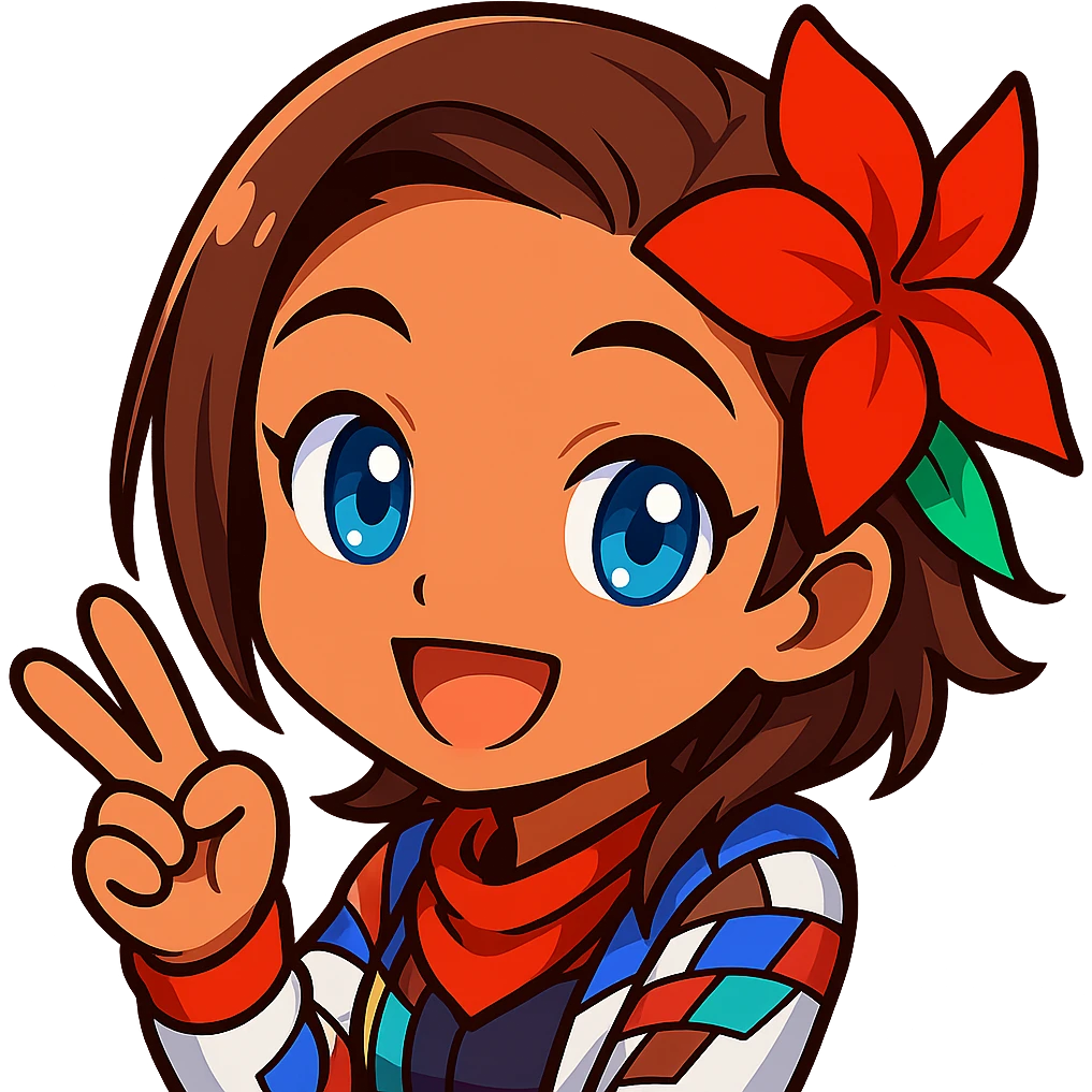 Azucena from Tekken 8 in chibi sticker style, giving a peace sign with a cheerful expression, designed for Twitch emote use. emoji