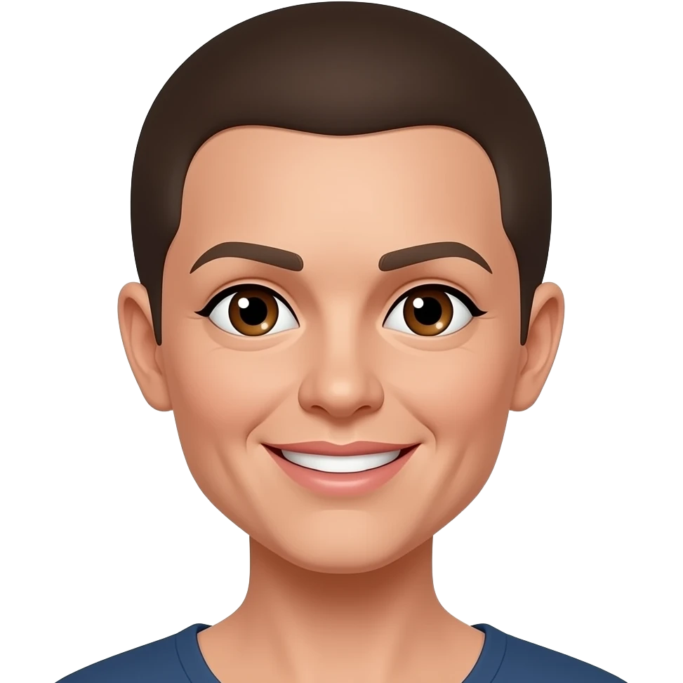 late 30's female with very short cropped hair, brown eyes, nice smile emoji