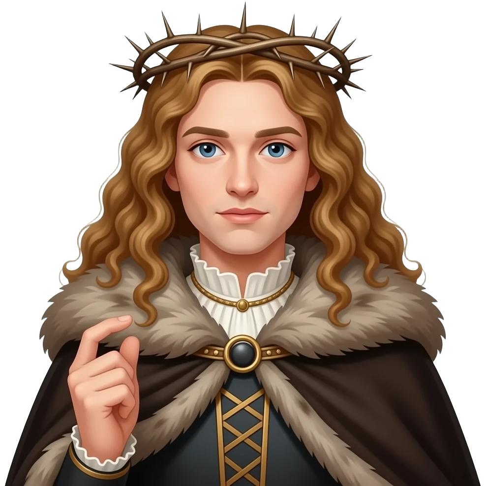 steampunk - en face penetrating balanced Albrecht Dürer Renaissance self-portrait with long curly hair in a cloak with a fur collar, in Renaissance dress, holding a crown of thorns with his left hand emoji