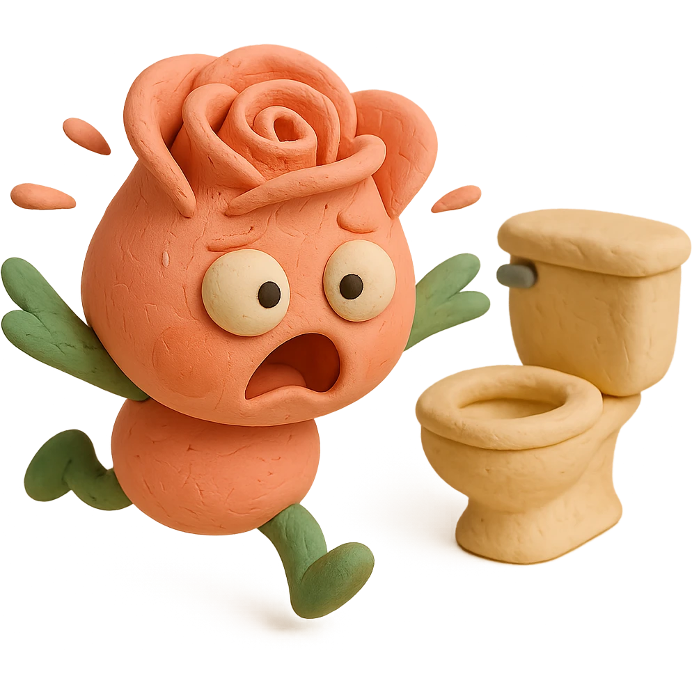 Make this a claymation-style soft pink rose flower character with puffed cheeks, dark round eyes, a round chubby body, curled rose petals on top, and stubby green leaf arms and legs – pastel tones, chibi round shape. Change the expression to panicked, with bulging eyes and flailing leaf arms as it rushes to the bathroom. Keep the rose characteristics and overall style. emoji