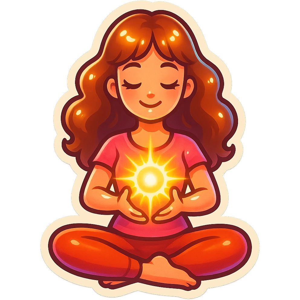 detailed, cute, feminine girl in lotus pose holding glowing energy, retro stickers style with shadows and highlights, transparent background emoji