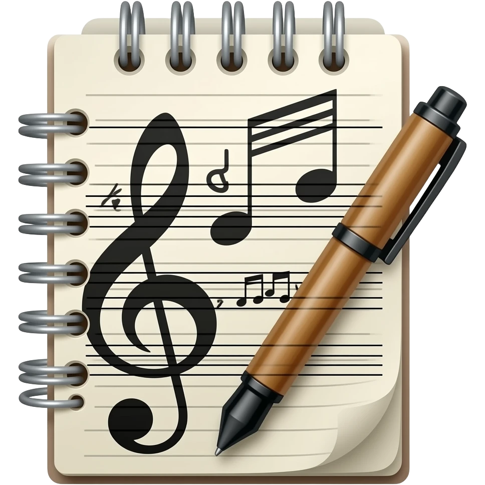 Anote spiral note pad with staff paper and notes drawn in ink with tribal cleft and bass cleft. Ink Pen inside spiral emoji