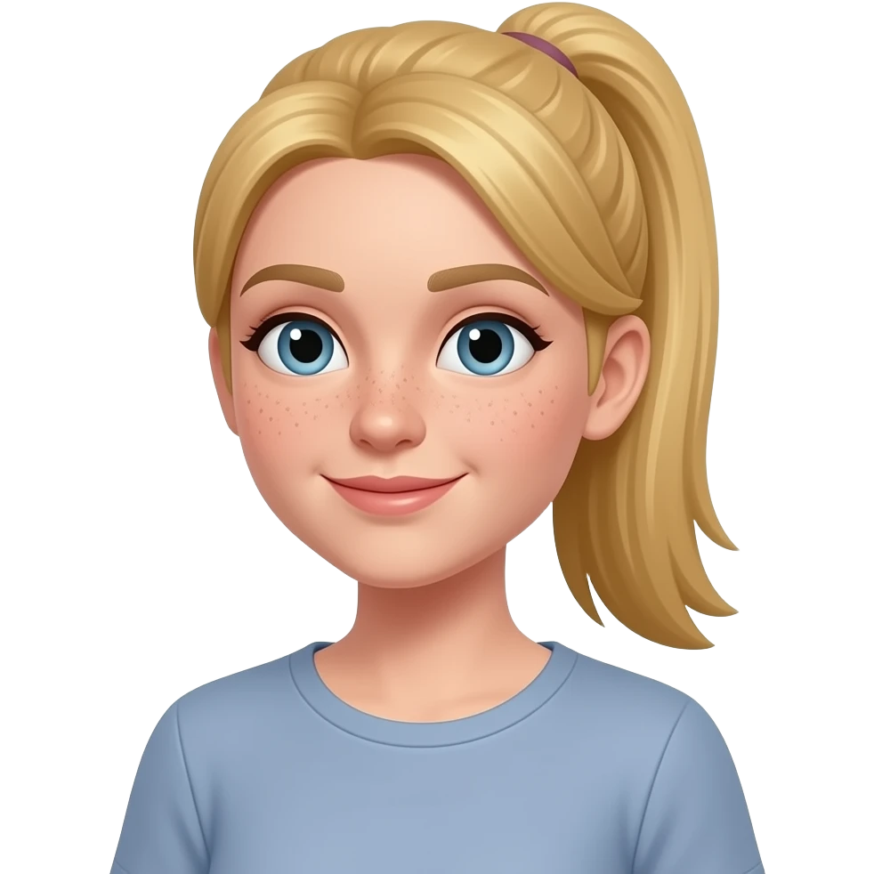 young white, very longlong striaght blonde hair in pony tail, teacher  with freckles in a casual top emoji
