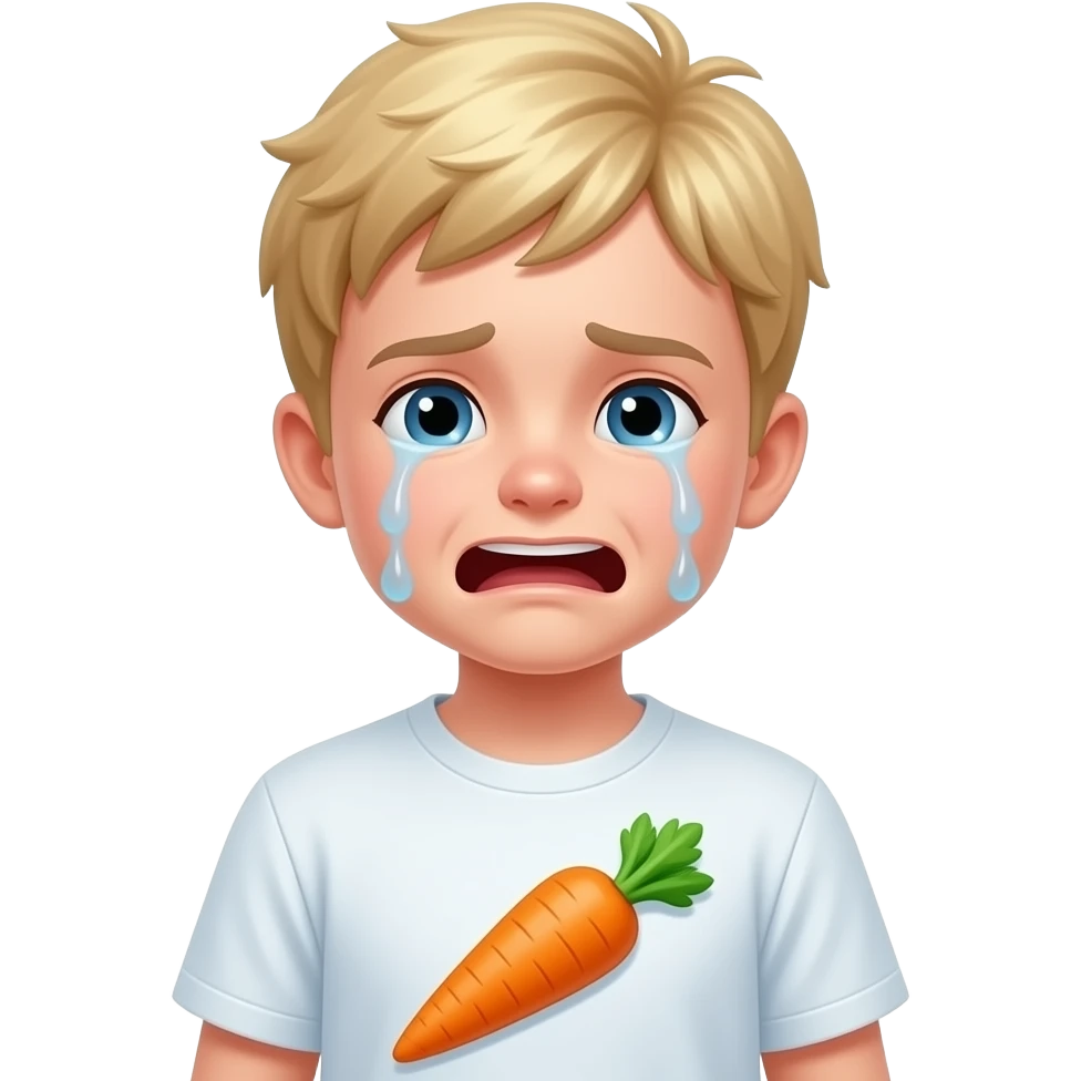 Sarışın bir erkek çocuk ağlıyor ve tişörtünün üzerinde havuç var emoji