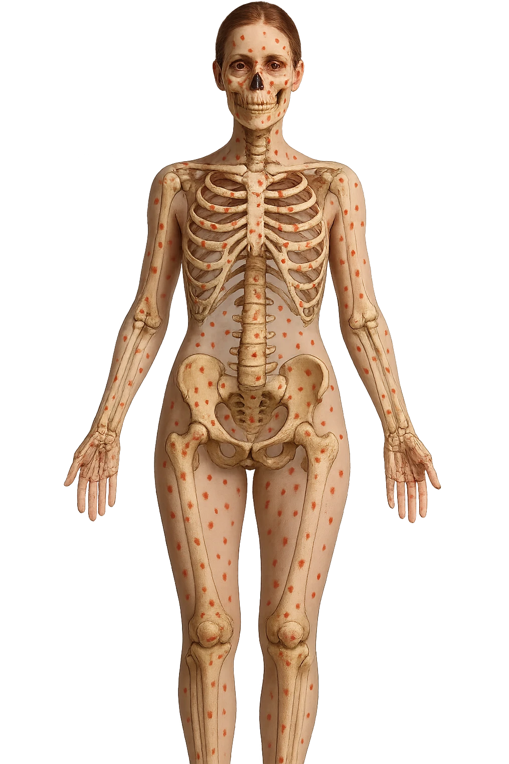 donna realistica a figura intera con red spot sparsi alle ossa, ossa visibili sul corpo, iperrealistico 4k emoji