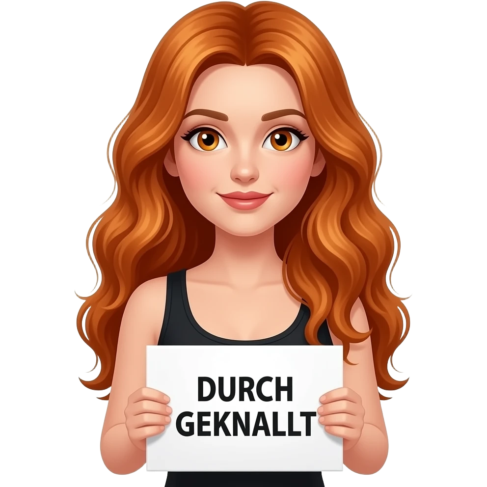 sexy girl with long wavy ginger hair and ginger eyes wearing a black tanktop is holding a white sign with DURCH GEKNALLT written on it emoji