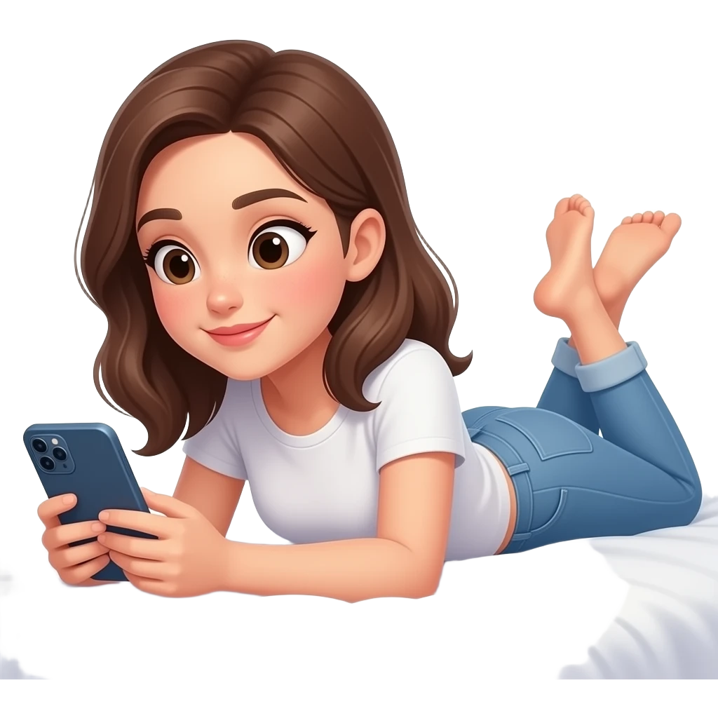 침대에 누워서 핸드폰 화면을 보는 캐주얼한 스타일의 예쁘고 귀여운 20대 여성 이모지 emoji