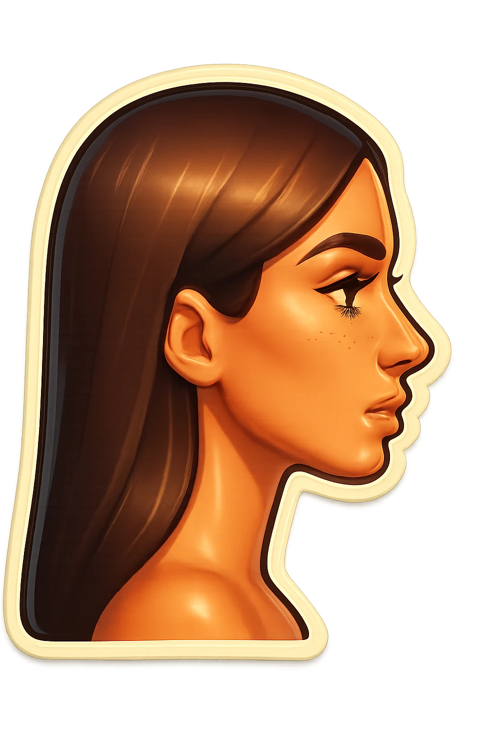 Create a side view (profile) of this woman's head, matching the same cartoon emoji style of the reference image, with long dark hair and similar facial features. Variant 1. emoji