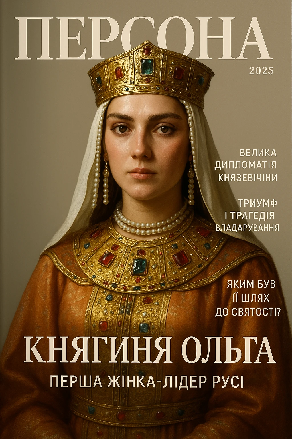 Create a glamorous, ultra-realistic magazine cover titled "Персона"
The cover features Princess Olga from the downloaded image.
The cover design should be bright with elegant typography.
Add the title: "Княгиня Ольга", the subtitle: "Перша жінка-лідер Русі", and the release date: "2025".
Include additional subheadings and a well-thought-out layout.
Premium lighting, dramatic shadows, rich colour correction, glossy paper texture, minimalist background, focus on the character and typography in the spirit of glossy publications. emoji