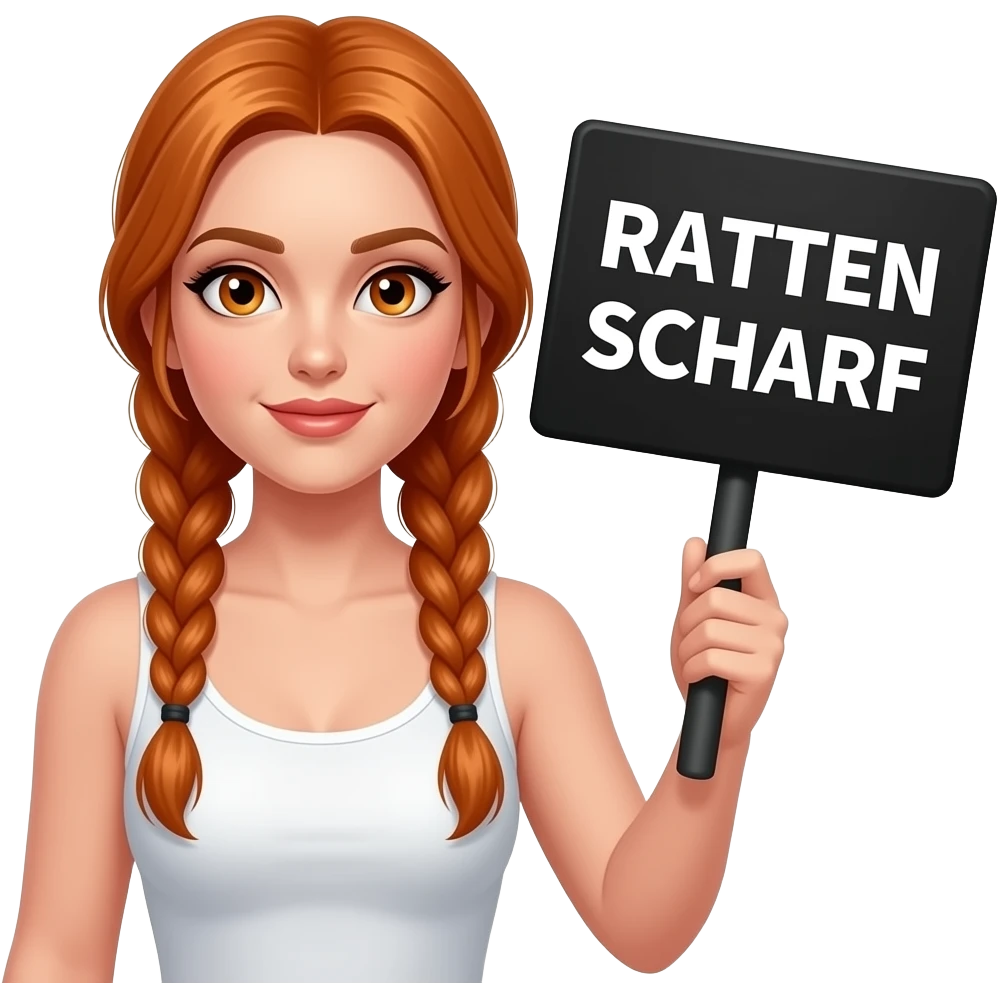 sexy girl with long ginger braids and ginger eyes wearing a white tanktop is holding a black sign with RATTEN SCHARF written on it emoji