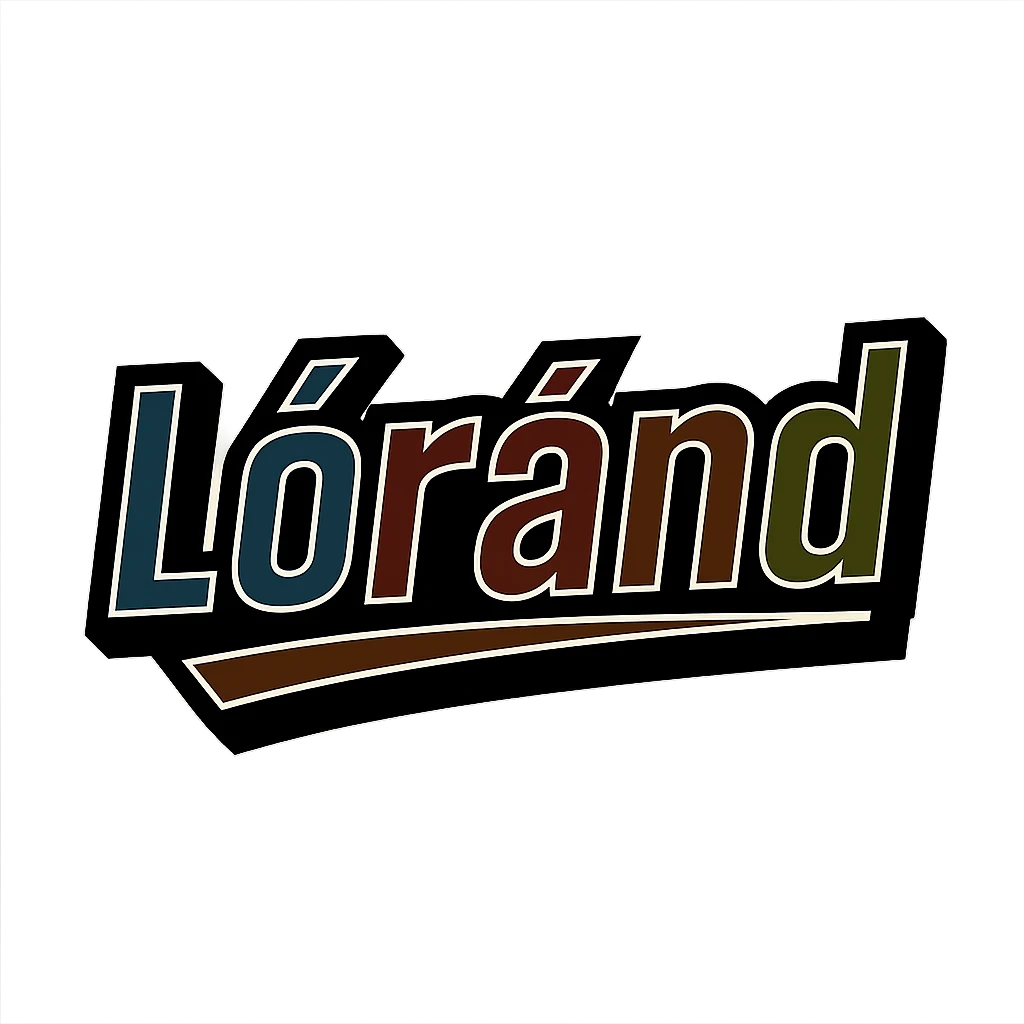 Lóránd name in masculine, modern, gradient font with precise Hungarian characters, dark outline, extra thick, prominent white letter frame as in sample images, dynamic slanted underline, masculine color shades (blue, gray, burgundy, green, brown), 1000x1000 px, PNG, transparent background emoji