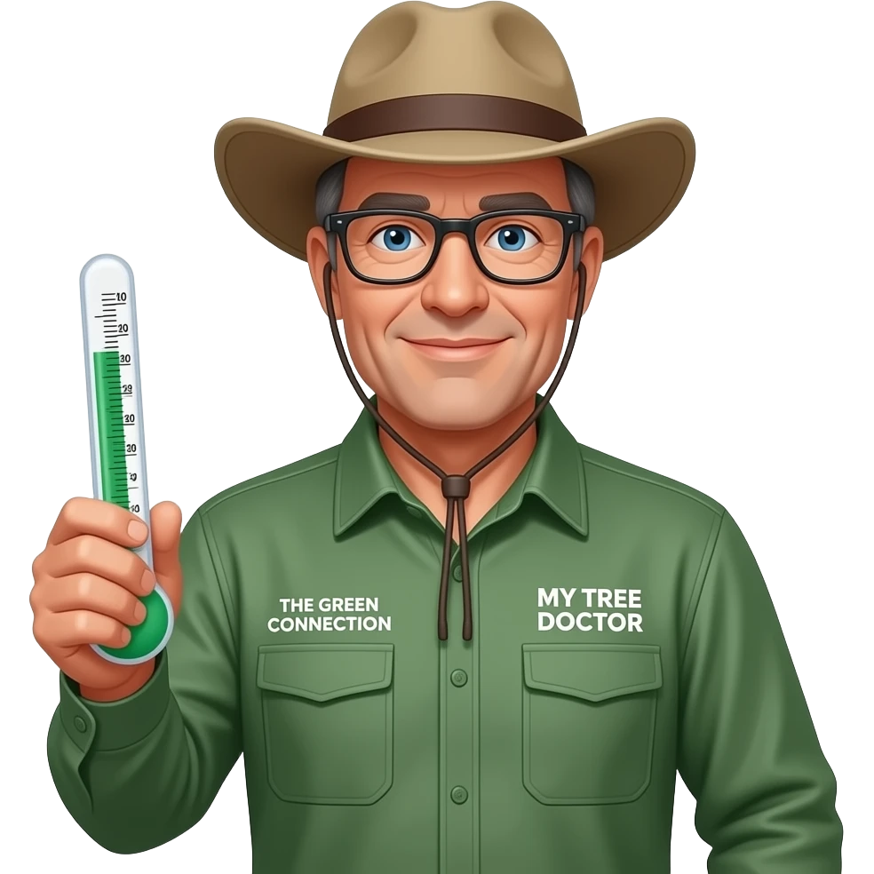 middle-aged man blue eyes. Dark rectangle glasses, in a green-collared, long-sleeve shirt.  Flatter wider-brim Australian Akubru hat. Holding a large thermometre. Insert 'THE GREEN CONNECTION' in white directly onto the left pocket & onto the right pocket, place only the words 'MY TREE DOCTOR' emoji
