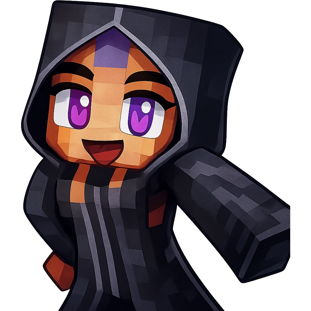 Extract and isolate the character in the black hooded outfit from the image, preserving the original Minecraft pixelated style and colors, with a transparent background. emoji