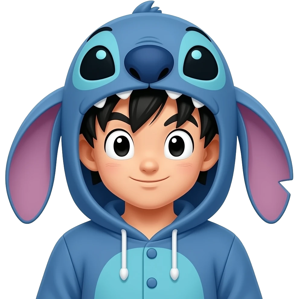 Son goku dans un pijama stitch de Disney  qui a une capuch emoji