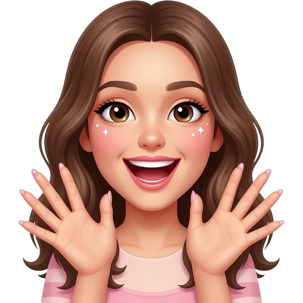aesthetic emoji girl, talking a lot, open mouth smiling, expressive hands, trendy nail design, soft pink tones, sparkles around, lively energy, soft glam makeup, clean background, girly aesthetic, 3D emoji style, high detail emoji
