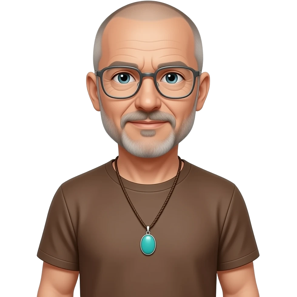 pendant without a clasp Turquoise pendant on brown paracord t shirt almost bald shaved short hair full-length photo of extreme streetwear clean-shaven face cool boy thin metal-framed glasses ery entellectual man, 60 years old, street wear stubble, shaved short with clippers emoji