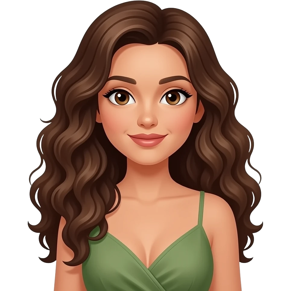 femme, bronzée, cheveux longs bruns bouclés, yeux marron, en belle robe vert kaki emoji