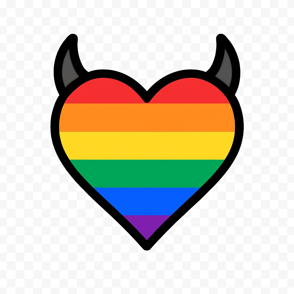 minimalist devil heart icon, red heart with black horns, subtle rainbow gradient fill for pride emoji