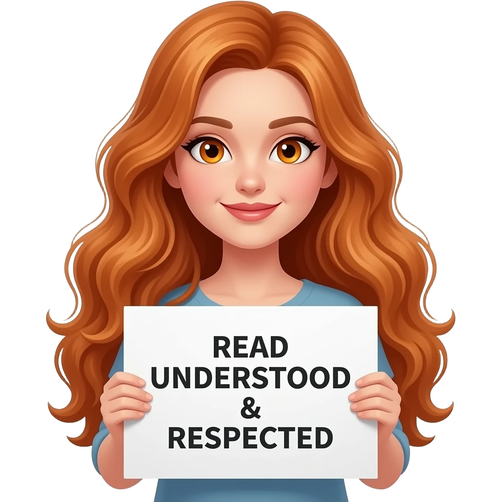 sexy girl with long wavy ginger hair and ginger eyes wearing a top is holding a READ UNDERSTOOD & RESPECTED sign emoji