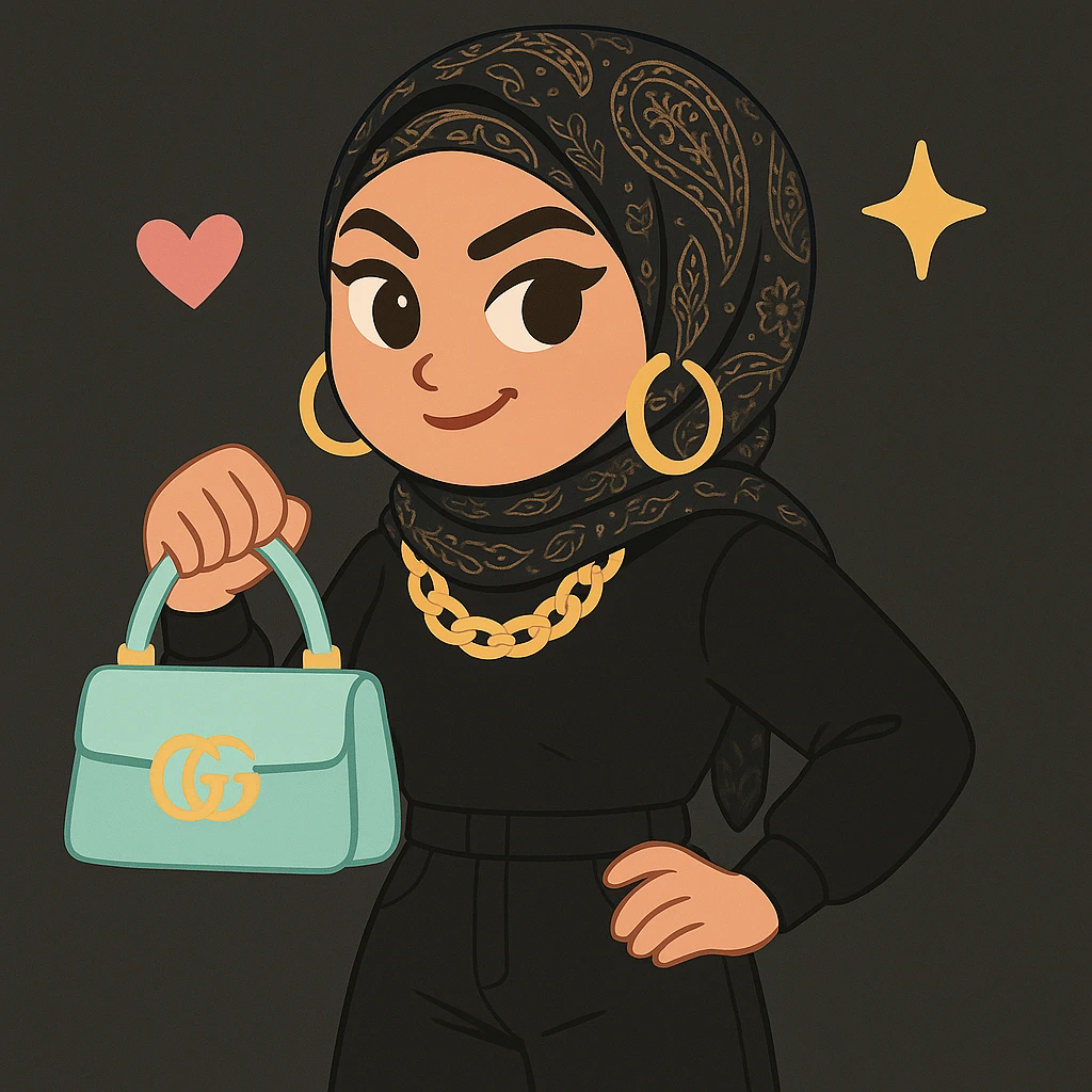 Change the outfit to black or very dark colors while keeping the baddie hijabi style. Show a playful smirk, statement jewelry, designer bag, patterned hijab, trendy clothes, cool attitude, and pastel colors for accessories only. emoji