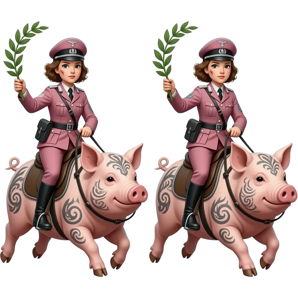 steampunk - two skinny and dirty female riders in pink German army uniforms from World War II ride jumping on large tattooed pigs with laurel branches in their hands emoji