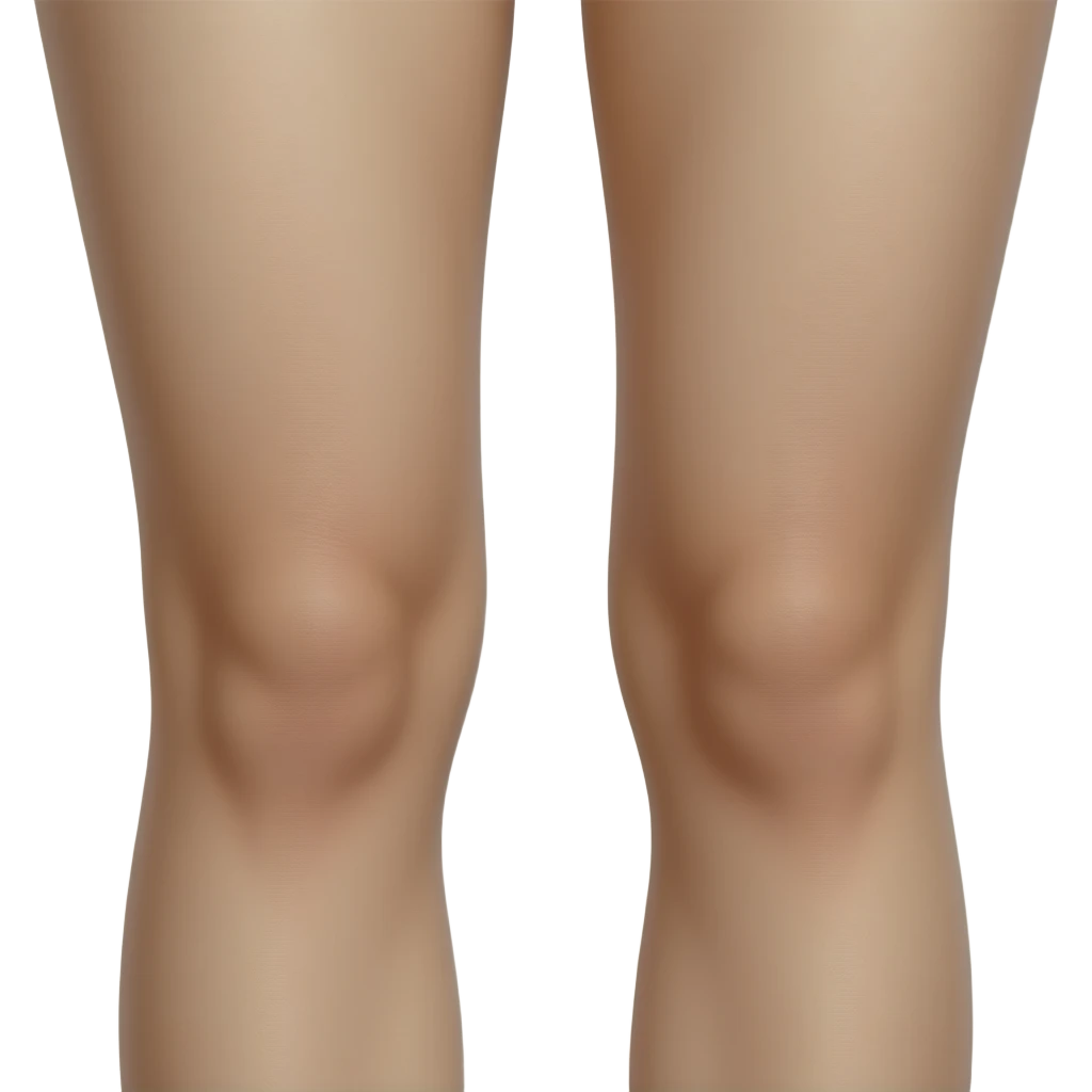 Close-up of a woman’s knees from the front, both knees visible side by side, smooth skin with slight natural darkening around the kneecaps, even skin tone overall, minimal blemishes, soft studio lighting emoji