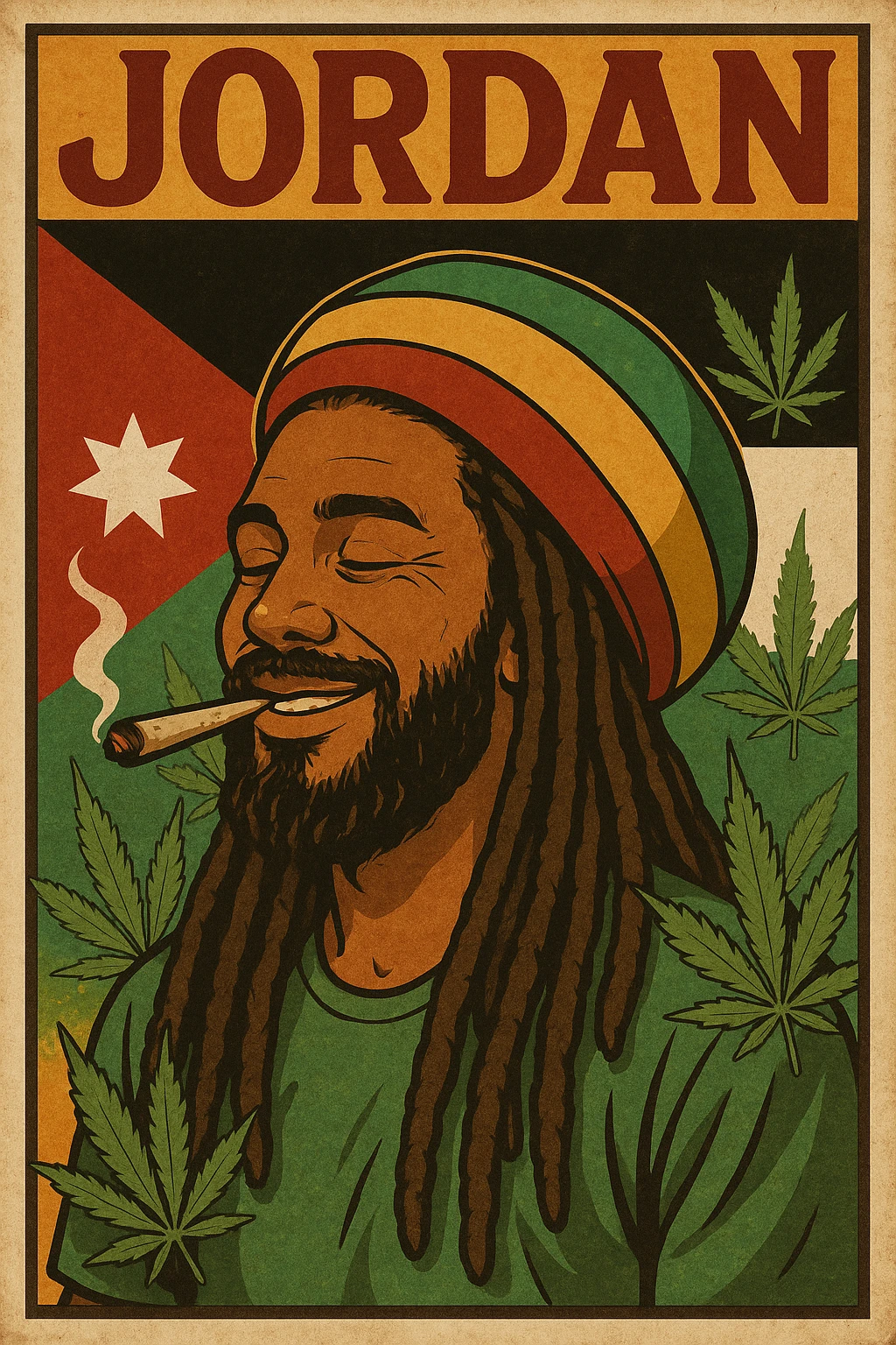 A digital vintage-style poster illustration of a Jordanian Rasta man with dreadlocks, wearing a red, yellow, green striped tam hat. He is smiling peacefully with a lit herbal spliff in his mouth. The background features the official Jordan flag — black, white, green horizontal stripes with a red triangle and a white 7-point star — accurately displayed behind him. Cannabis leaves are tastefully arranged around the composition, and the poster includes Rasta color textures blended with the Jordanian palette. Use a retro poster style with warm, slightly aged textures, bold outlines, and soft shading to evoke a soulful reggae vibe that honors both Jordanian pride and Rasta spirit. The mood is chill, powerful, and respectful emoji