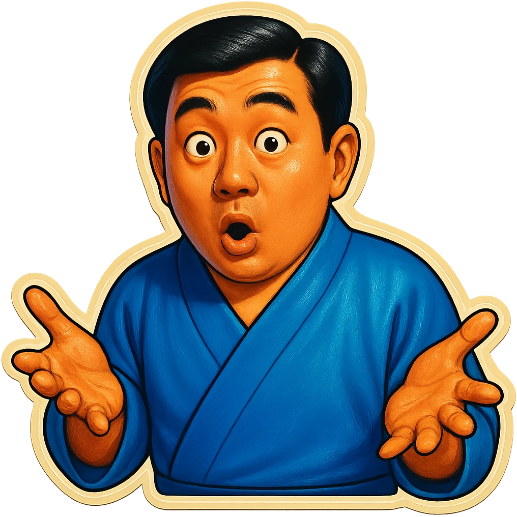 The same Japanese man in traditional kimono looks at the viewer with a surprised look, and his hands are empty emoji