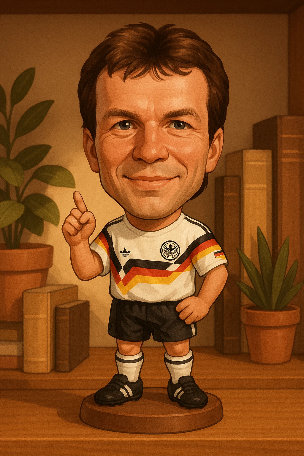 Молодой Лотар Маттеус в форме сборной Германии 1990 смотрит на прямо на зрителя и слегка улыбается, освещение с левой верхней стороны кадра emoji