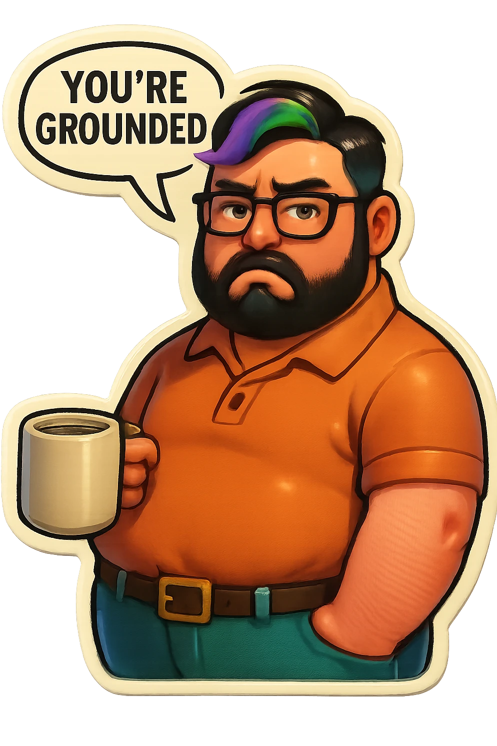 A realism art illustration art style of handsome plus-size man with black hair and a purple to green ombre streak, black beard, blue eye, glasses, dressed like a dad, holding a coffee mug, You’re grounded speech bubble, frowning  emoji