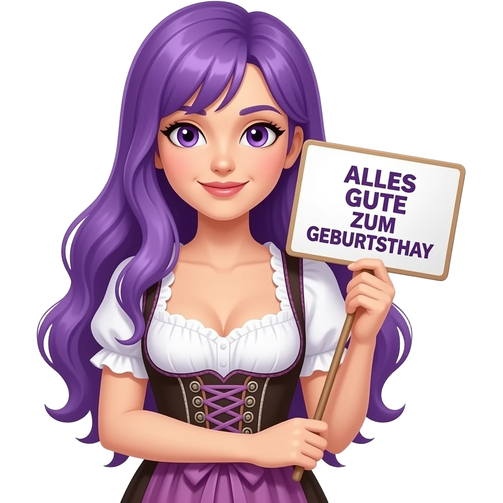 sexy girl with long purple hair and purple eyes wearing a dirndl holding a ALLES GUTE ZUM GEBURTSTAG sign emoji