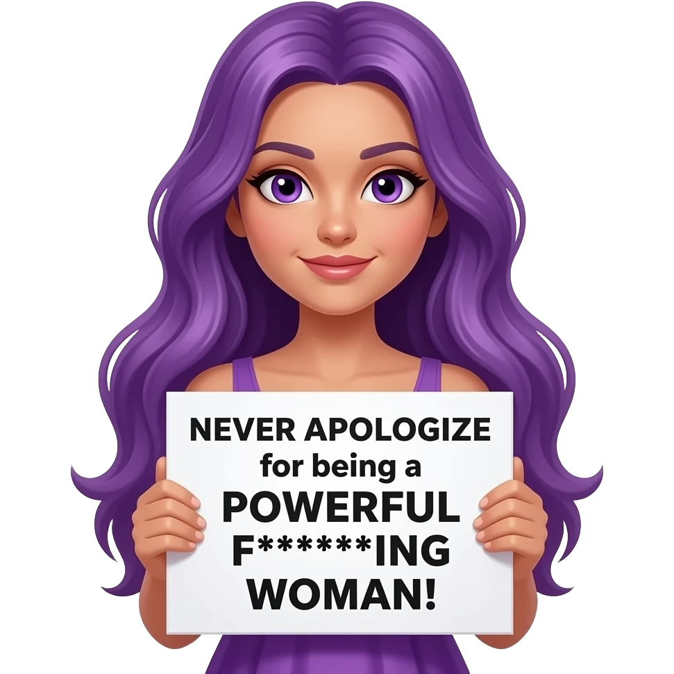 sexy girl with long purple hair and purple eyes wearing a dress holding a NEVER APOLOGIZE for being a POWERFUL F***ING WOMAN! sign emoji