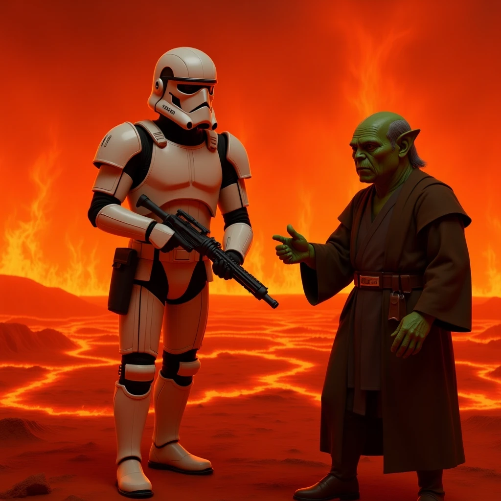 Camera POV, Starwars stormtroopers vlogging selfie, he is walking on lava planet with yoda emoji
