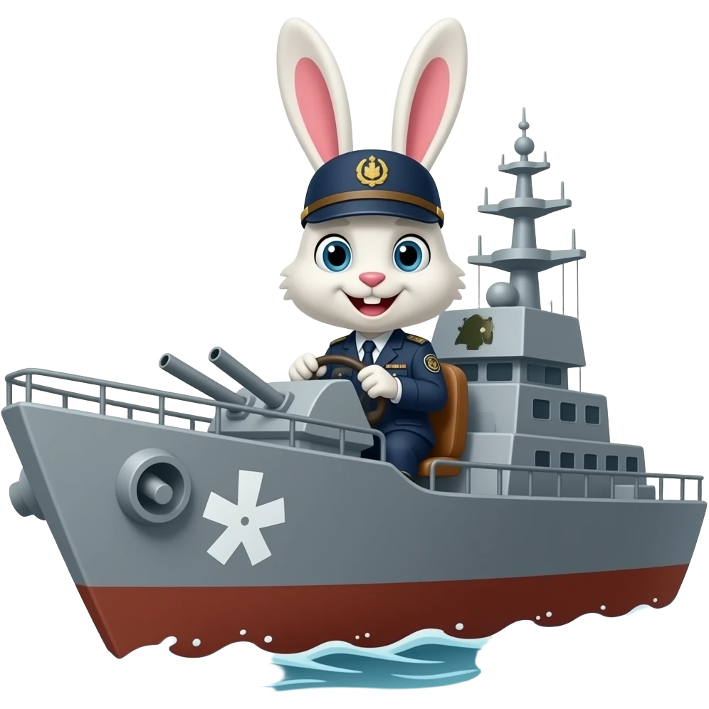 bunny in navy fatigues driving a war ship text Killer Bunnies on bow emoji