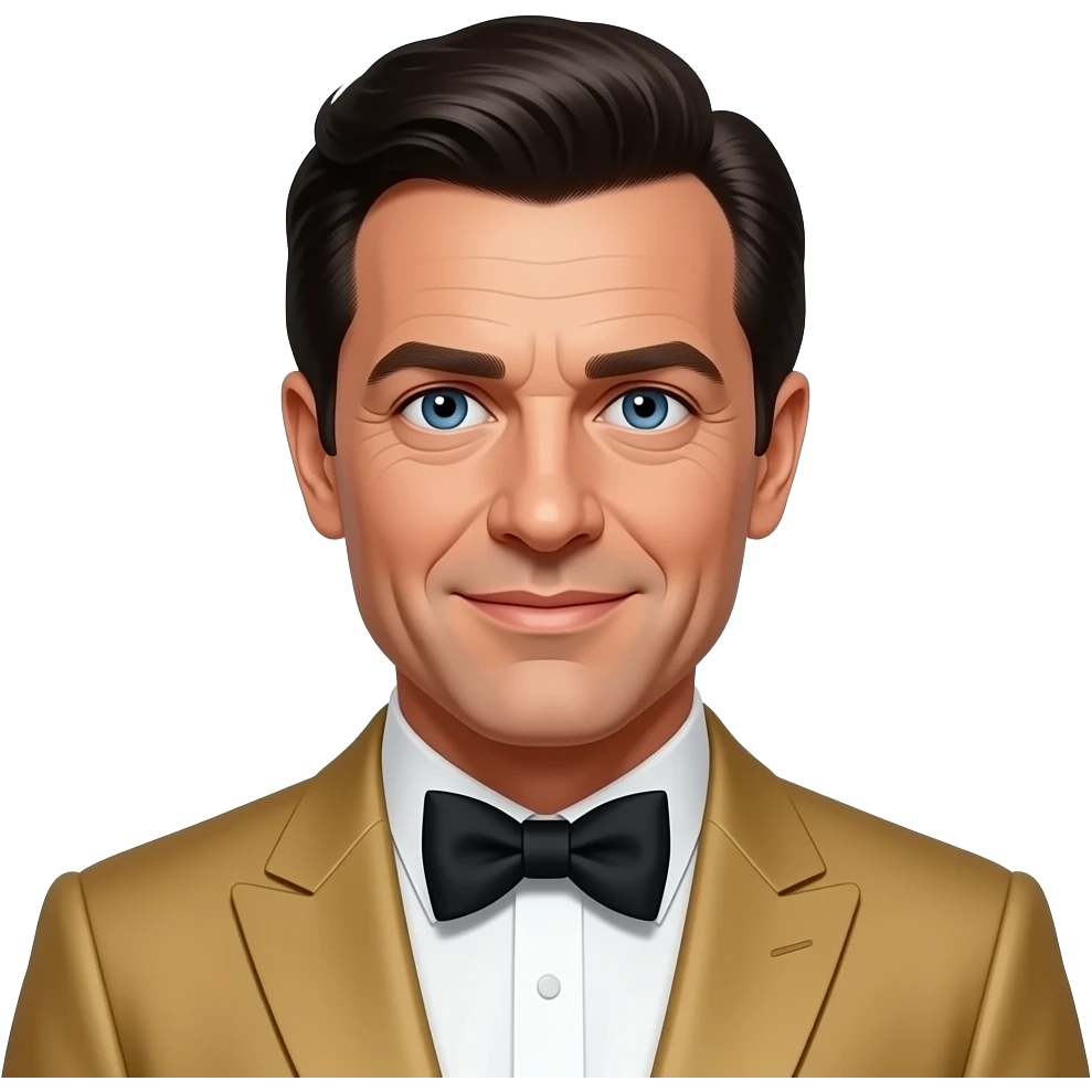 Oliver Reed with blue eyes, black 60s hair, golden tan oscars suit with bow tie emoji