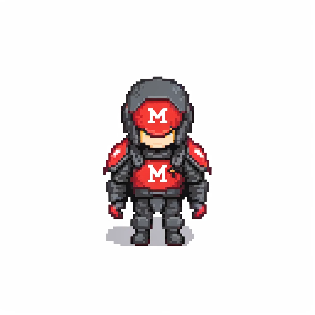 military person in black and red armor, wearing a black flag on back with red letter M in center emoji