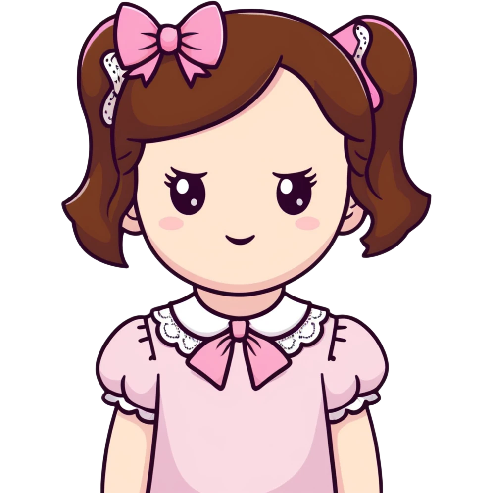 pale skin coquette girl with brown hair, pink bows, lace, pearls, dainty emoji