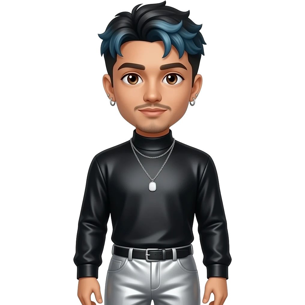 Rauw Alejandro with brown eyes, black hair with light blue dyed, black metallic high neck shirt, silver metallic baggy pants, necklace and earrings emoji