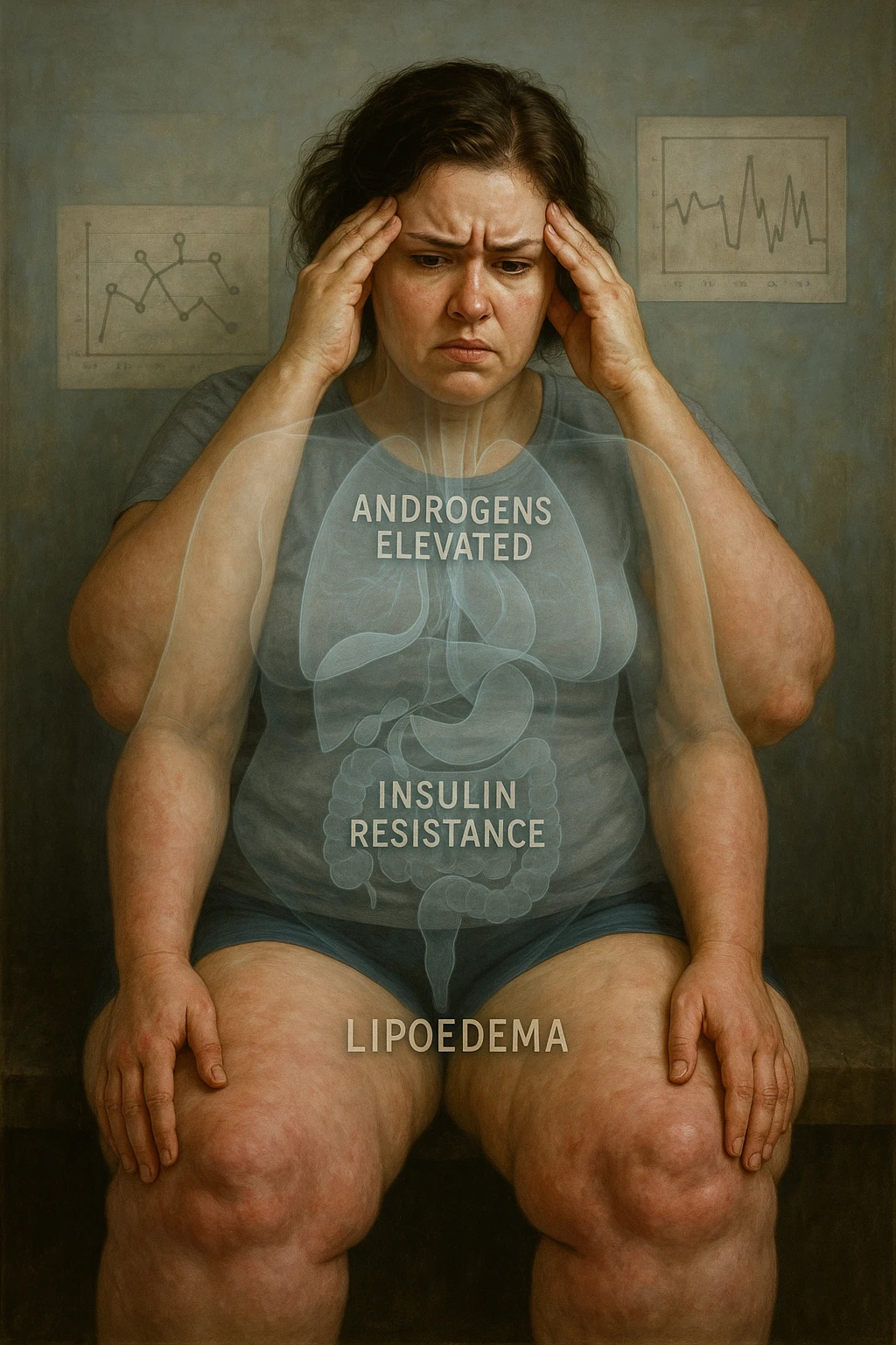 cinematic realistic in italiano Woman with PCOS struggling with hormonal chaos, transparent overlay showing elevated androgens and insulin resistance affecting her body, lipedema causing disproportionate fat accumulation in legs and arms despite normal torso, expression of frustration with unexplained weight gain, medical charts showing complex endocrine dysfunction, painful swollen limbs contrasting with metabolic confusion scrivi in italiano emoji