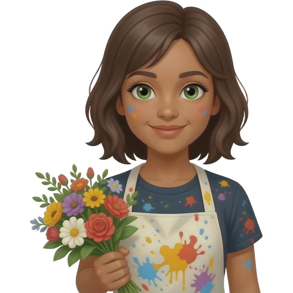 light-skinned-girl-with-brown-hair-and-green-eyes-in-apron-with-paint-holding-flowers-emoji-shoulders-up emoji