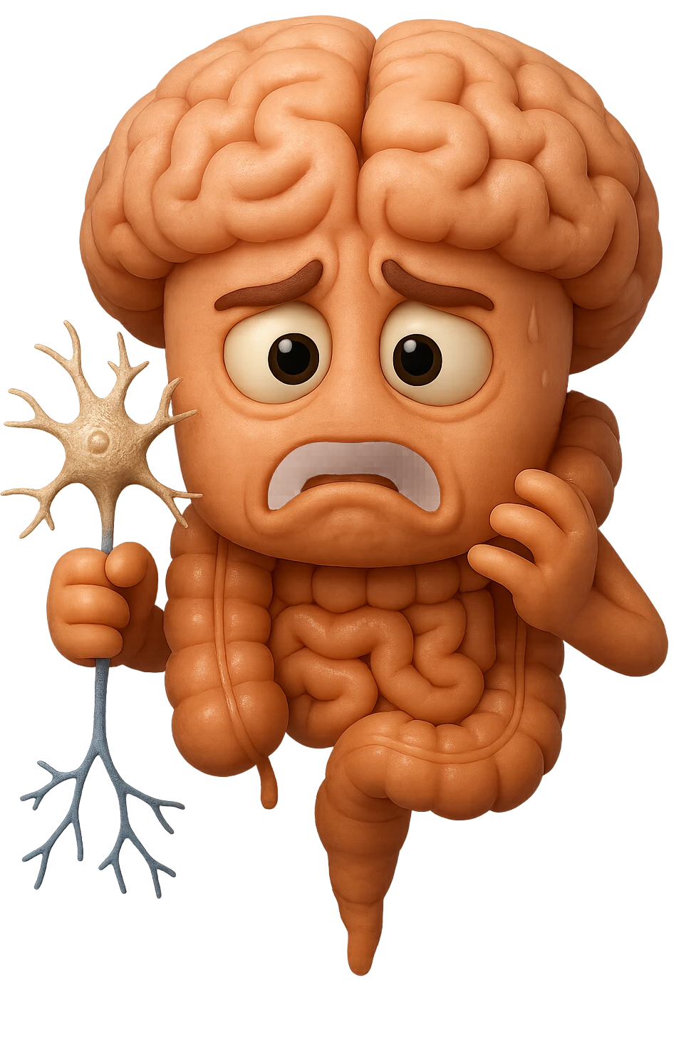 EMOJI STILE IPHONE DI UN INTESTINO collegato verticalmente ad un cervello mentre tiene in mano un neurone, espressione stressata, IPERREALISTICO 4K emoji