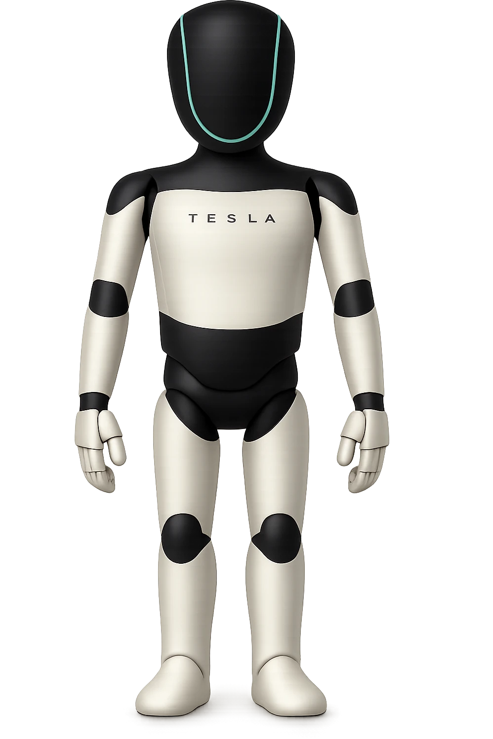 Create a fullbody Tesla robot emoji with the exact head from the reference image. The robot should have arms down pose, neutral expression, and be in the apple emoji style. The style should be respected as closely as possible in the edit. emoji