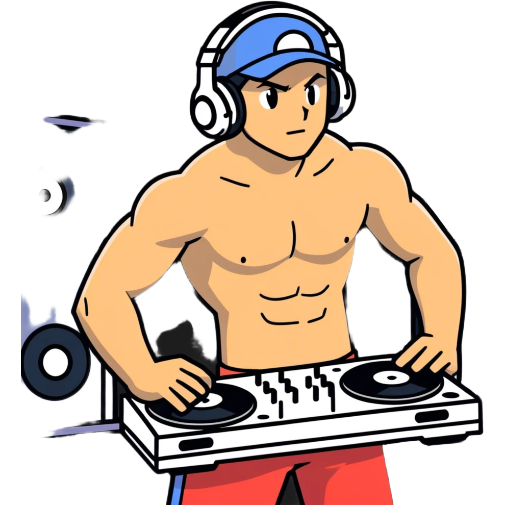 Hot handsome hot muscular 6.5ft ash ketchum without a shirt, being a DJ in a zoom meeting for a bunch of his friends emoji