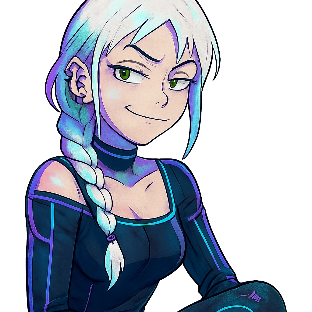  she is making a smug and suspicious facial expression, eyebrows pointed up, a closeup portrait of young woman with gold yellow eyes, white hair, long braid, black off-shoulder top d-cup, punk gothic style, futuristic cyberwave cyberpunk, sitting position
 emoji