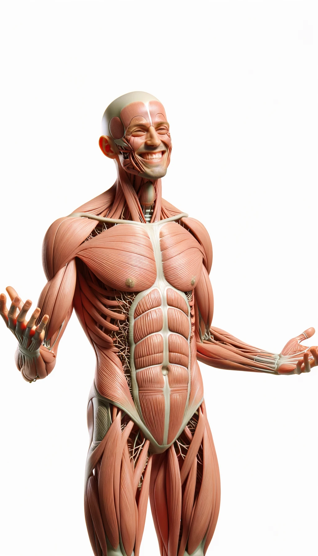 corpo umano anatomico a figura intera che sorride rilassato, iperrealistico 4k, isolato su sfondo bianco emoji