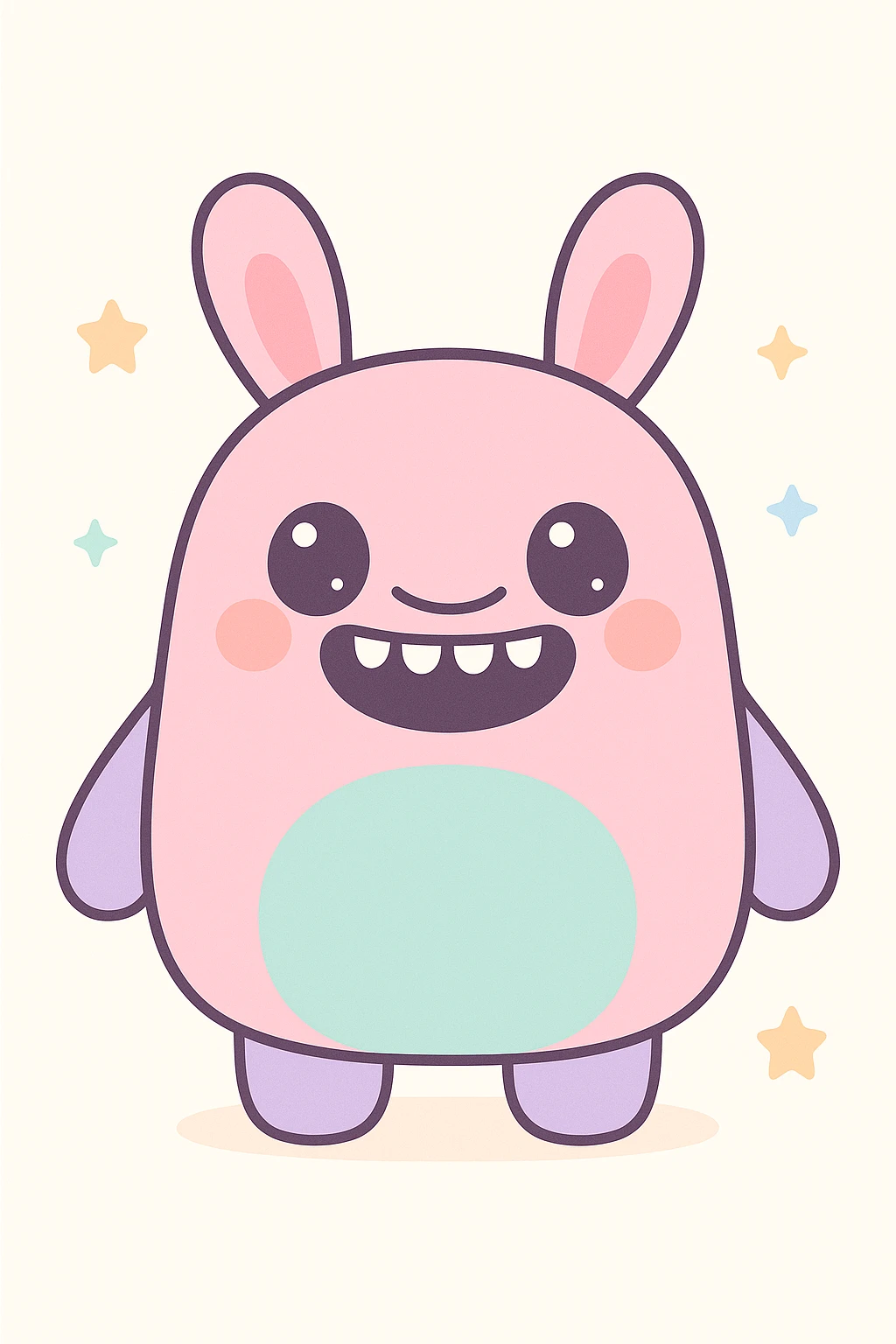 cute monster with nine teeth, wide smile, rabbit ears, kawaii style emoji